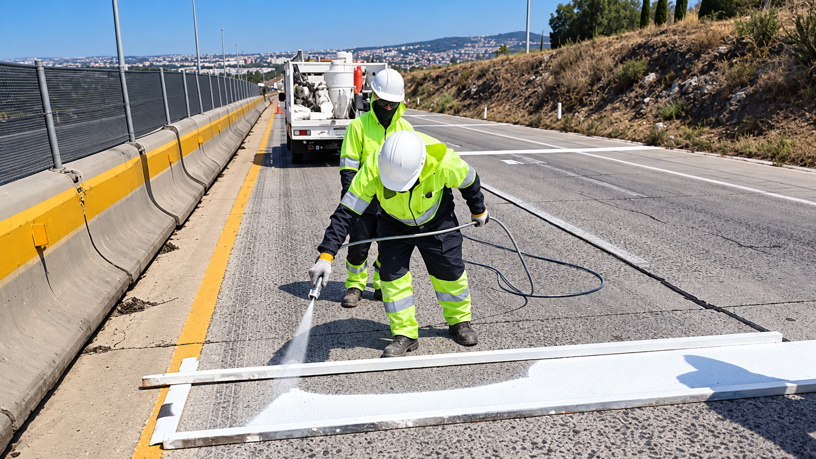 Aplicación de pintura base agua para señalización vial