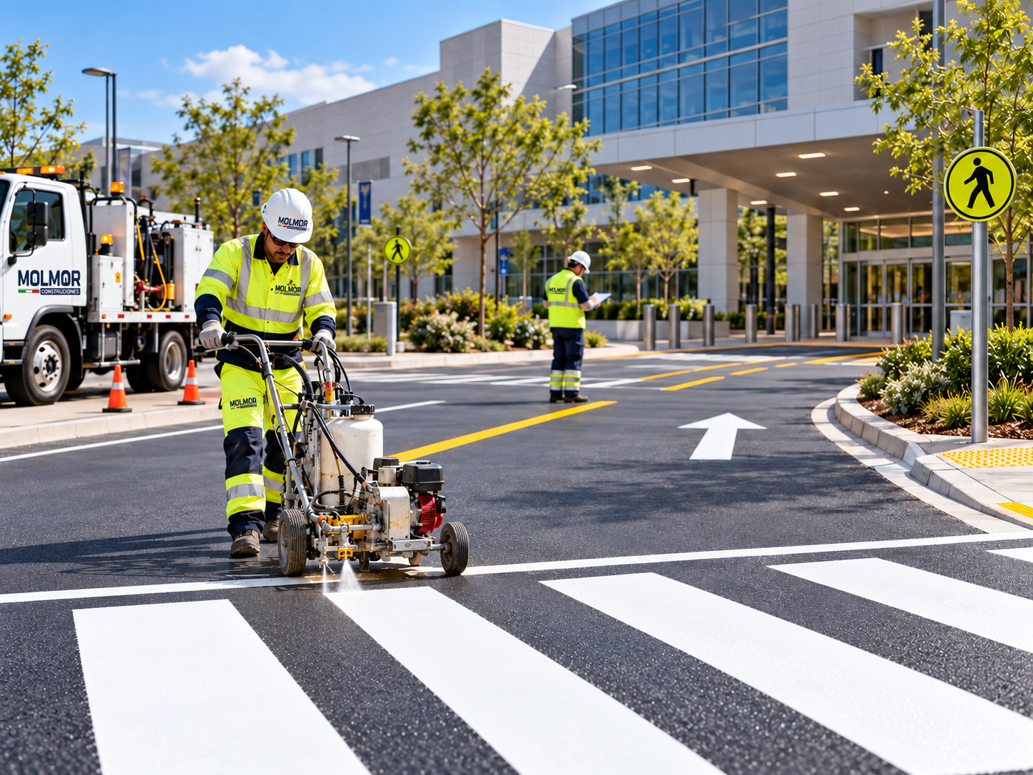 Infraestructura empresarial con señalización vial